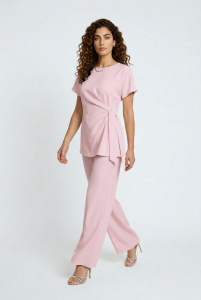 Komplet luźne spodnie z bluzką z wiązaniem i krótkimi rękawami