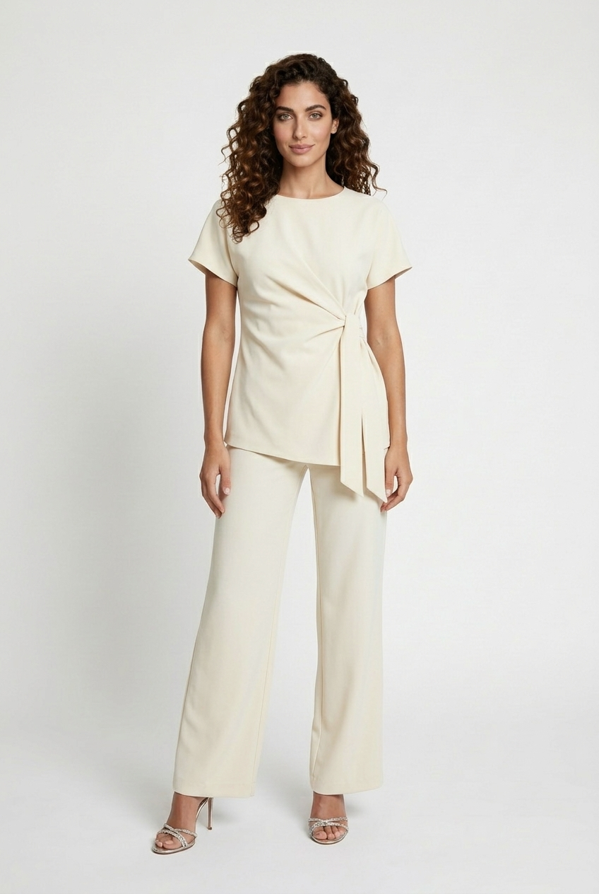 Komplet luźne spodnie z bluzką z wiązaniem i krótkimi rękawami