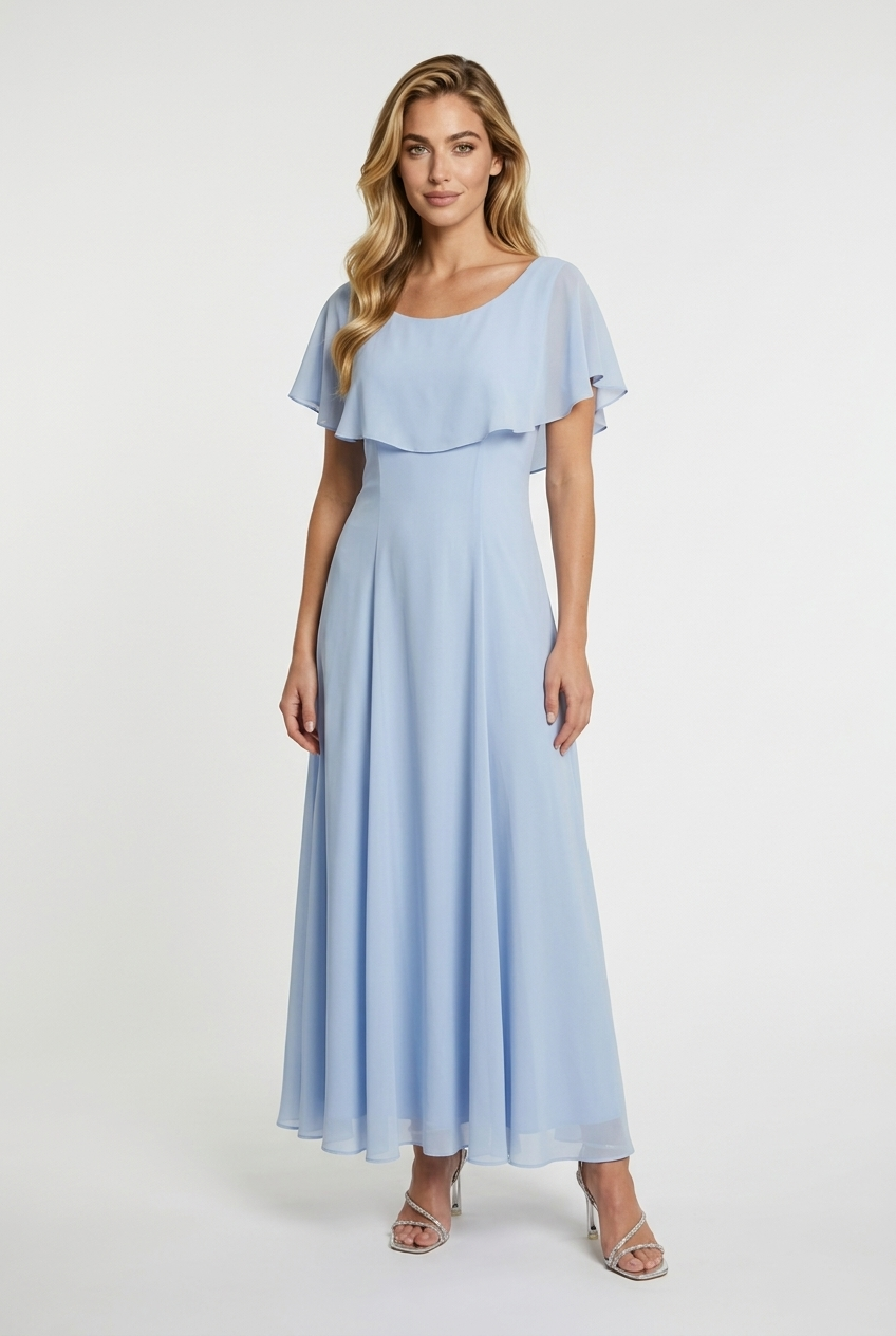 Szyfonowa długa sukienka z szeroką falbaną