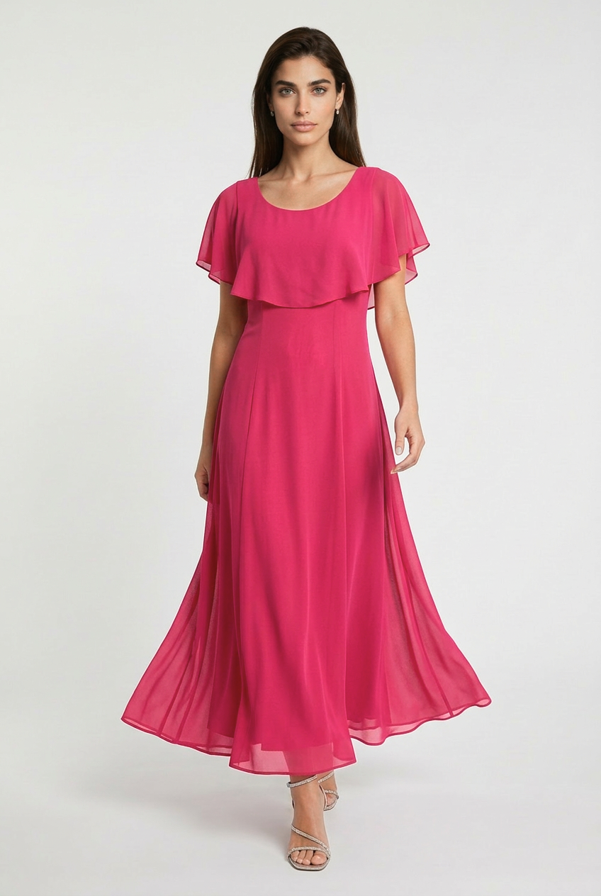 Szyfonowa długa sukienka z szeroką falbaną