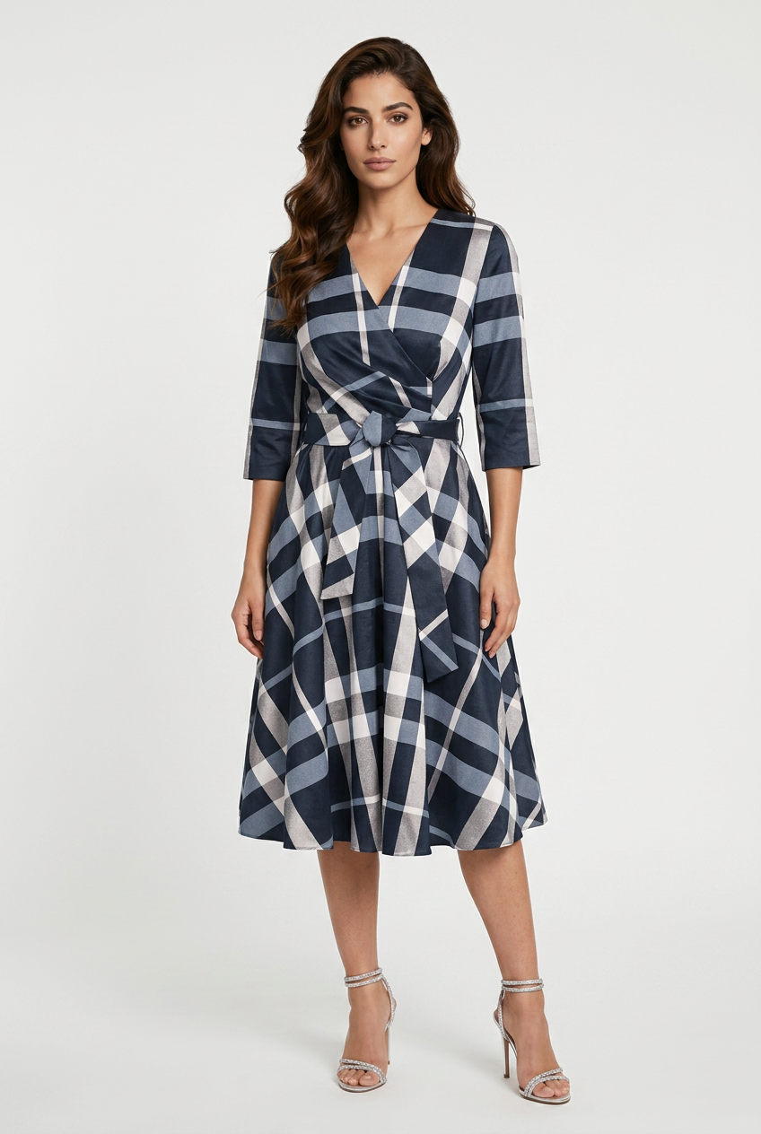 Rozkloszowana sukienka w kratę z paskiem