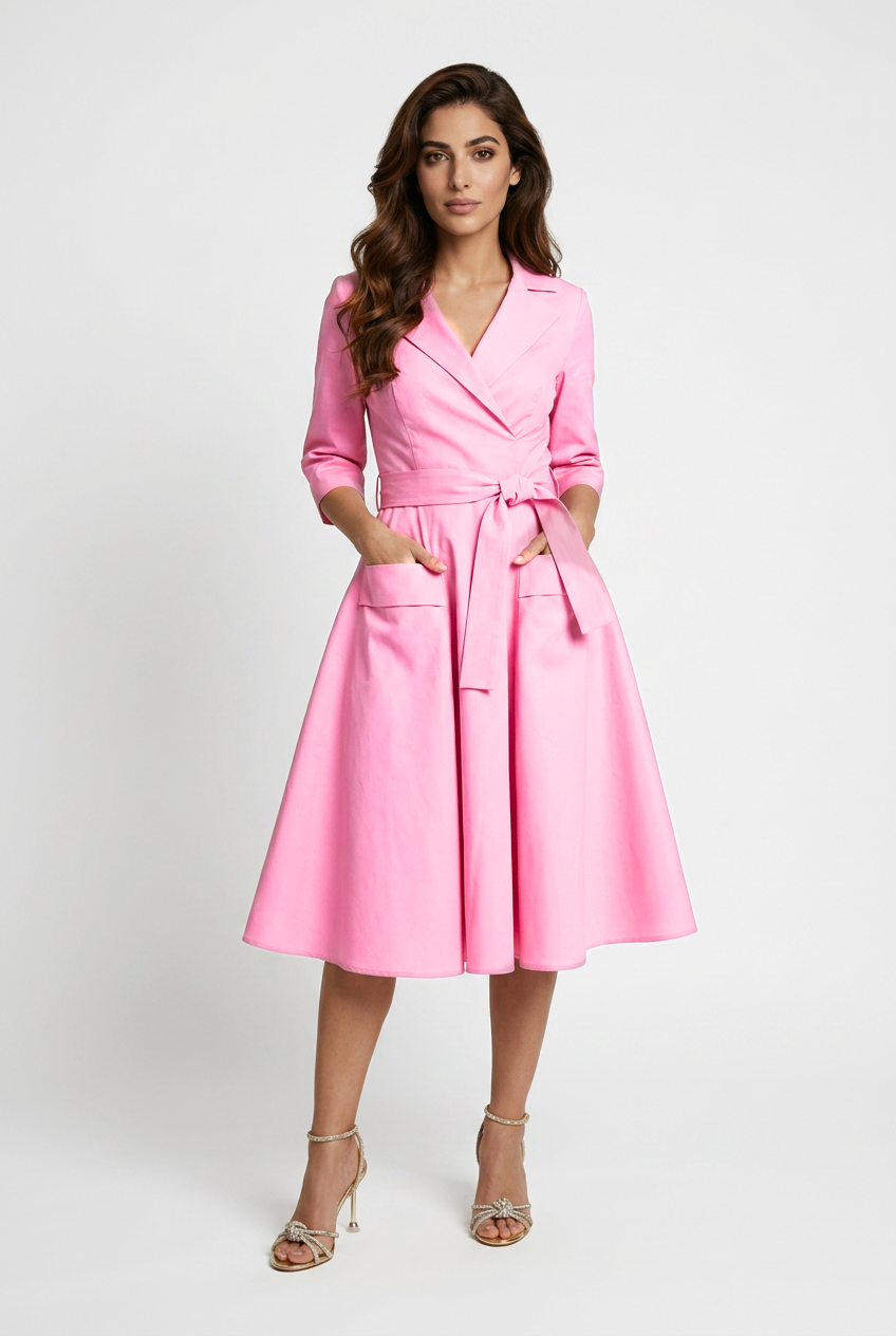 Sukienka z tafty z głębokimi kieszeniami i paskiem